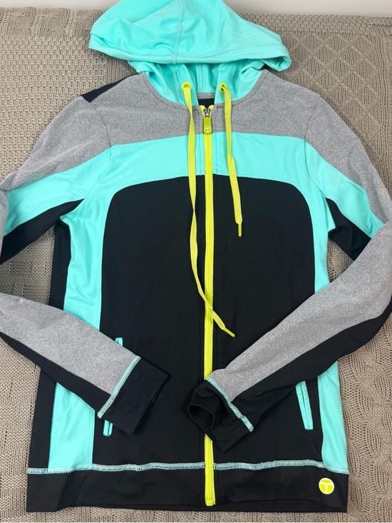 Trina Turk Tops - Trina Turk Recreation Teal, Black & Gray Colorblock Hoodie with Yellow Logo ~ S